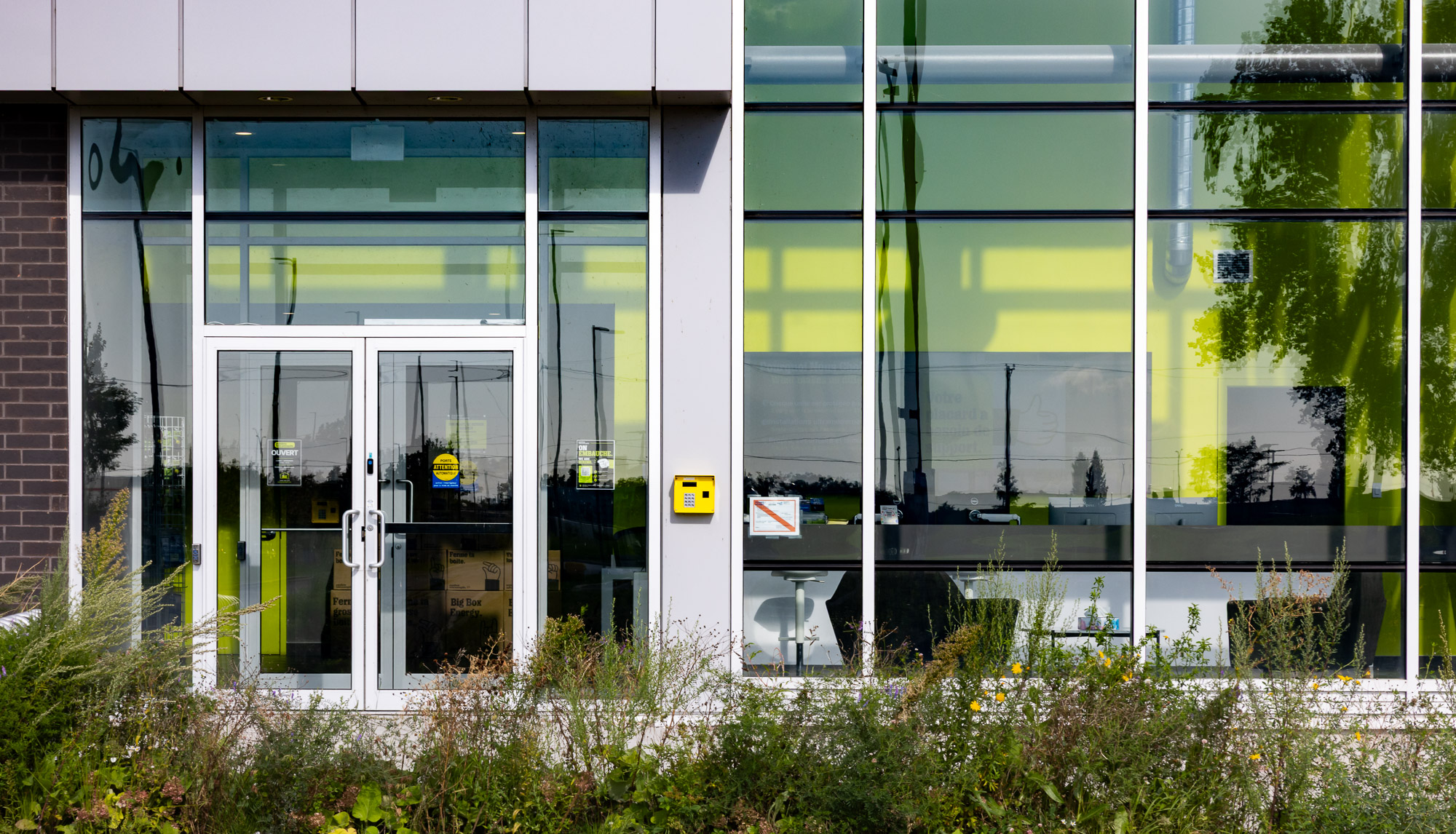 Entrée vitrée, panneaux de façade et aménagement paysager du bâtiment commercial Pandora à Pointe-Claire.