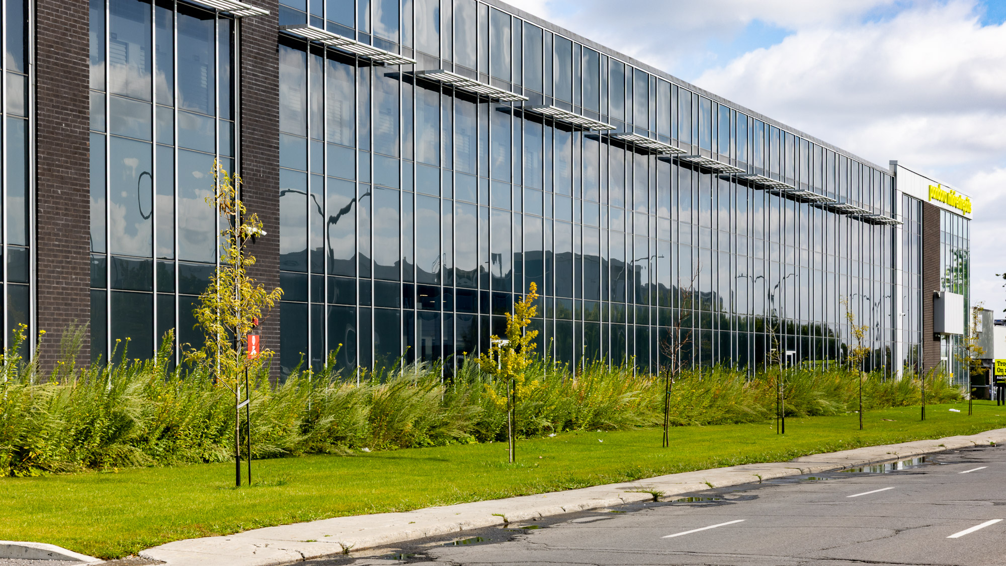 Perspective de la façade vitrée et des aménagements paysagers du bâtiment Pandora Mini-Entrepôts à Pointe-Claire.